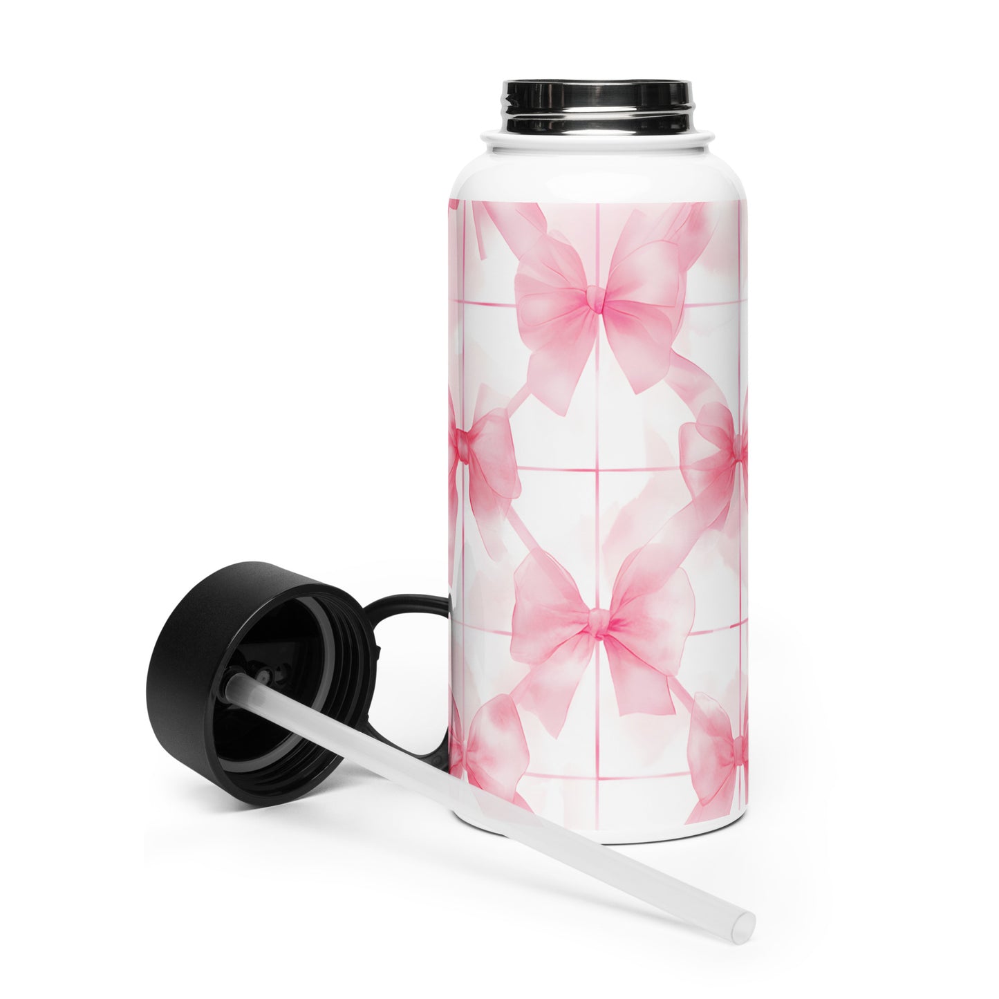 Watercolor Ribbon Pattern on Water Bottle with Plastic lid and wide-mouth foldable straw