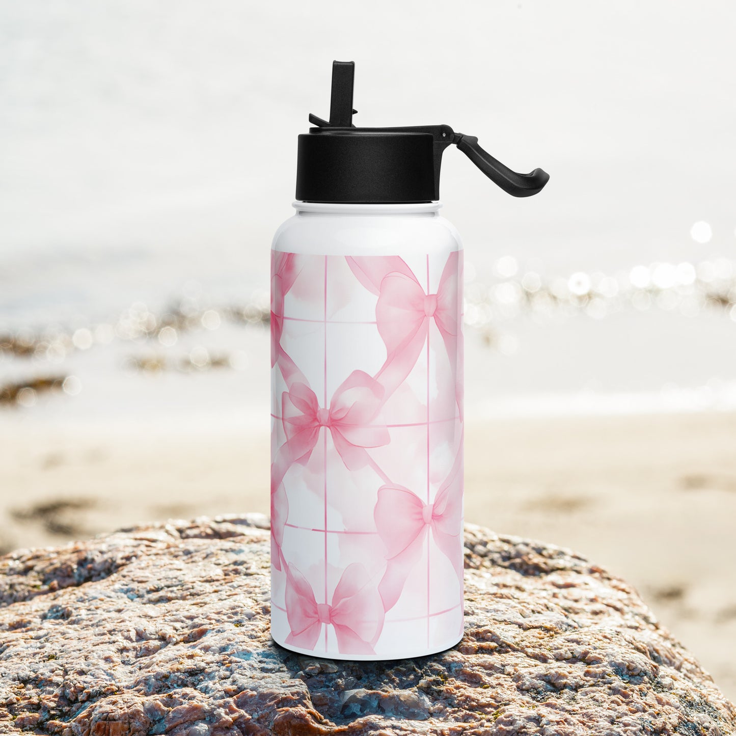 Lifestyle Image: Coquette Pink Watercolor Ribbon Water Bottle