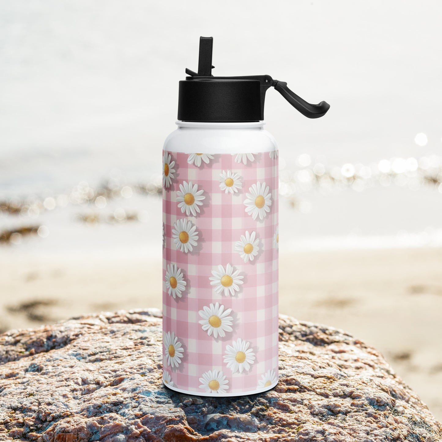 Lifestyle Image: White Daisies on Pastel Pink Checkered Water Bottle