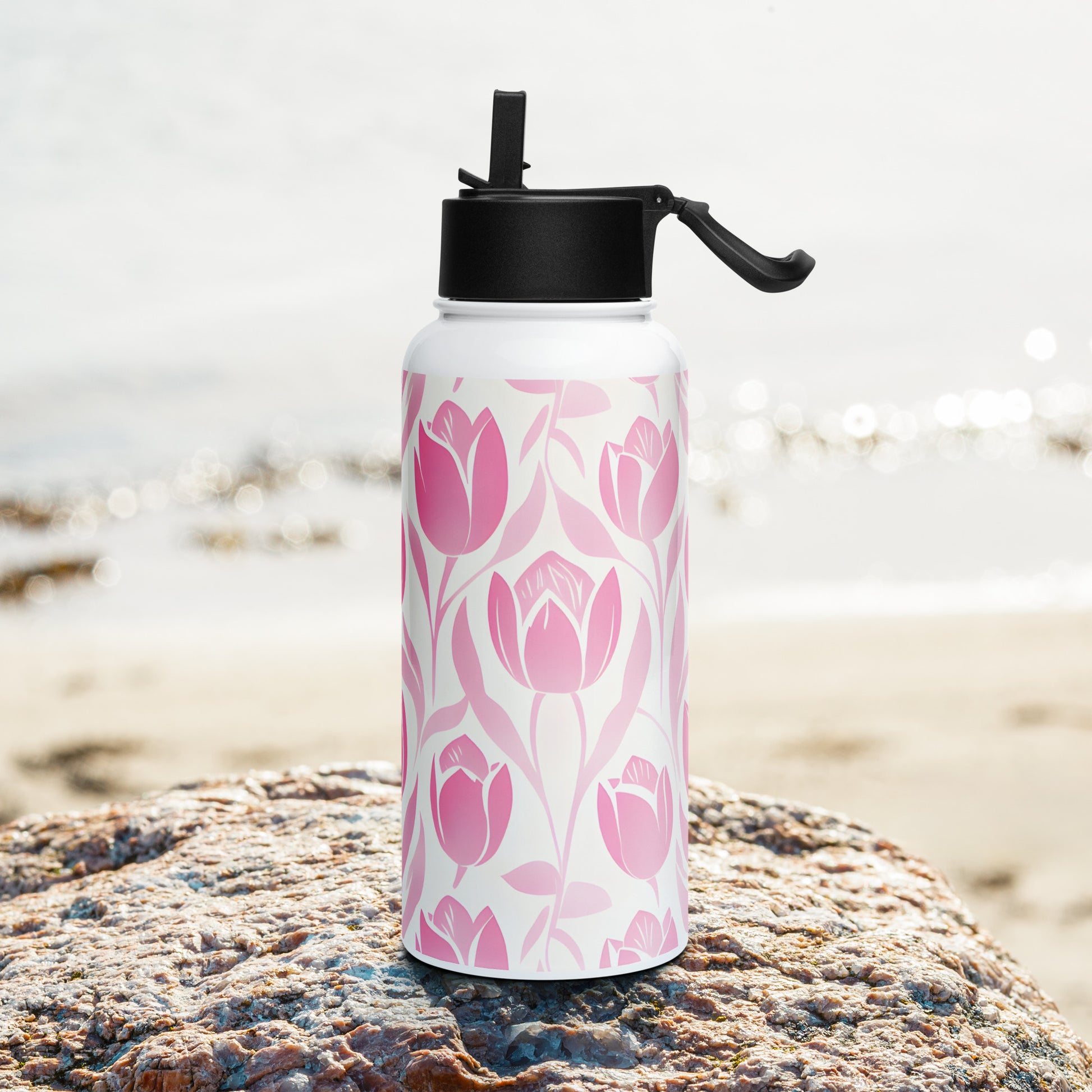 Lifestyle Image: Block Print Pastel Pink Tulip Water Bottle