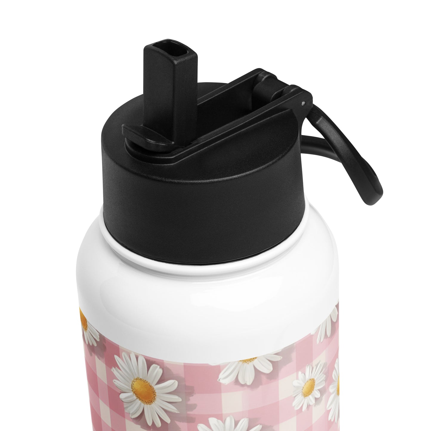 detail view of the White Daisies on Pastel Pink Checkered Water Bottle