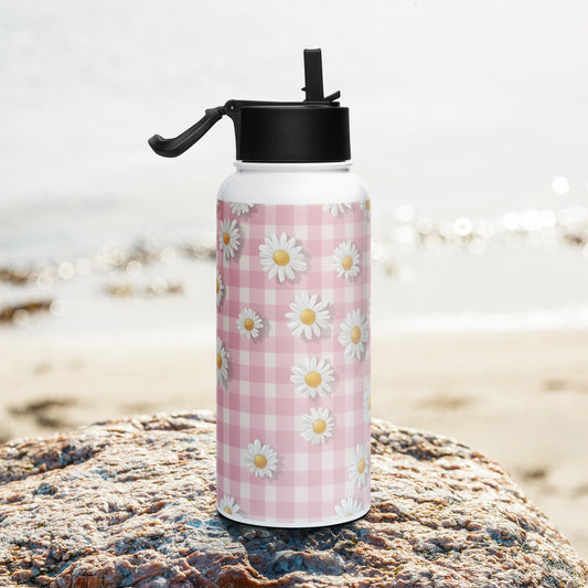 Lifestyle Image: White Daisies on Pastel Pink Checkered Water Bottle