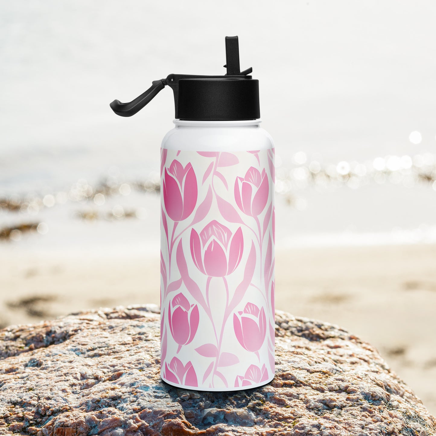 Block Print Pastel Pink Tulip Water Bottle